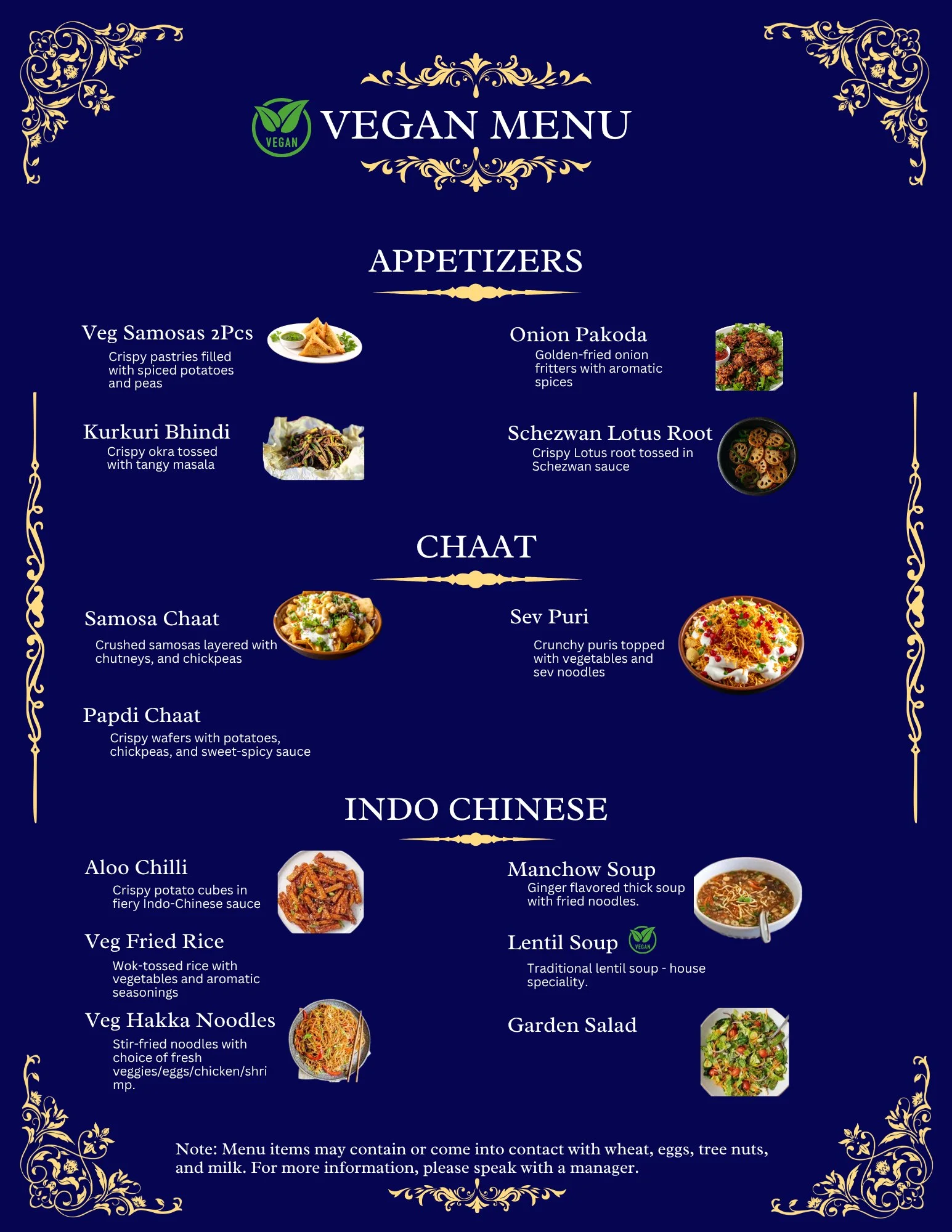 Saffron Darbar vegan Indian menu, Sandy Springs GA: samosas, pakoda, chaat, Indo-Chinese and soups