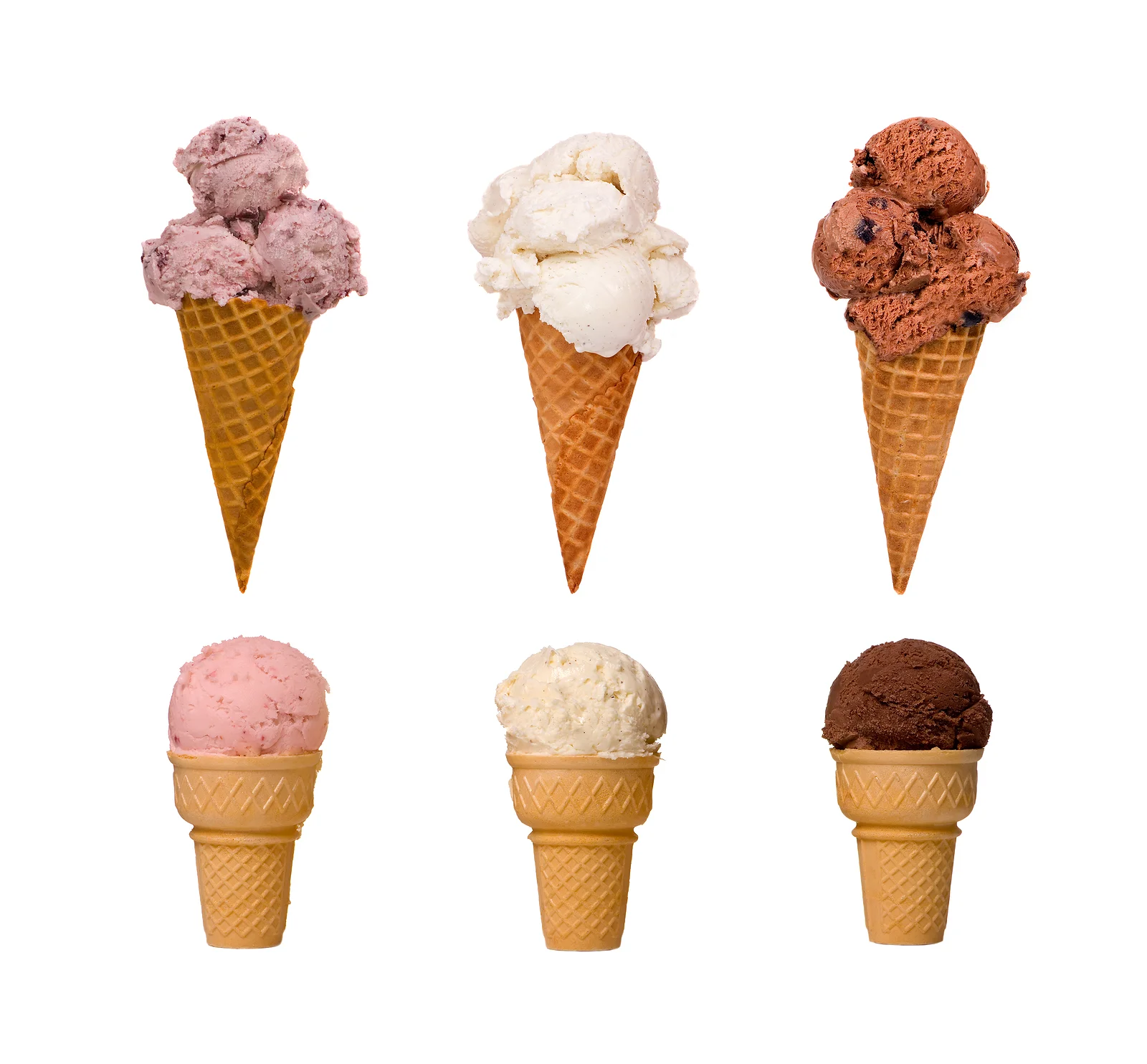 Assorted ice cream cones in various flavors