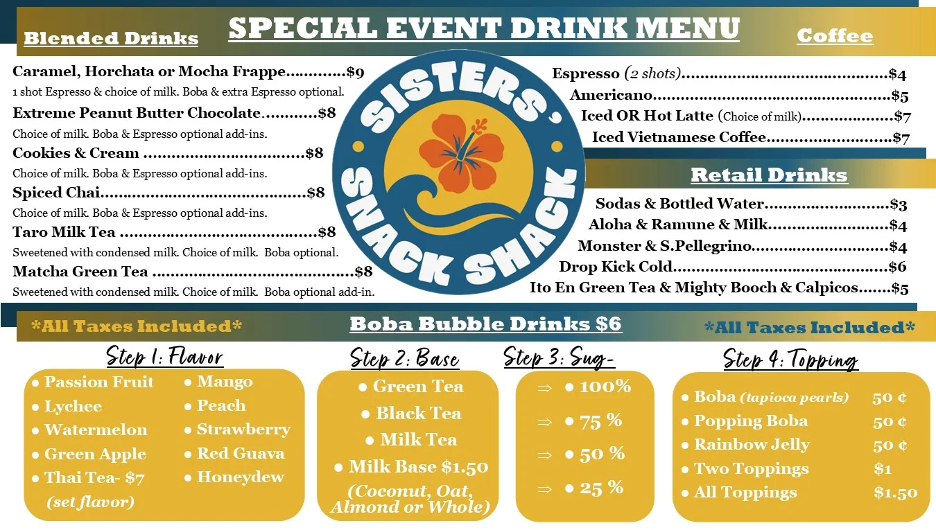 Special event drink menu featuring blended and bubble drinks