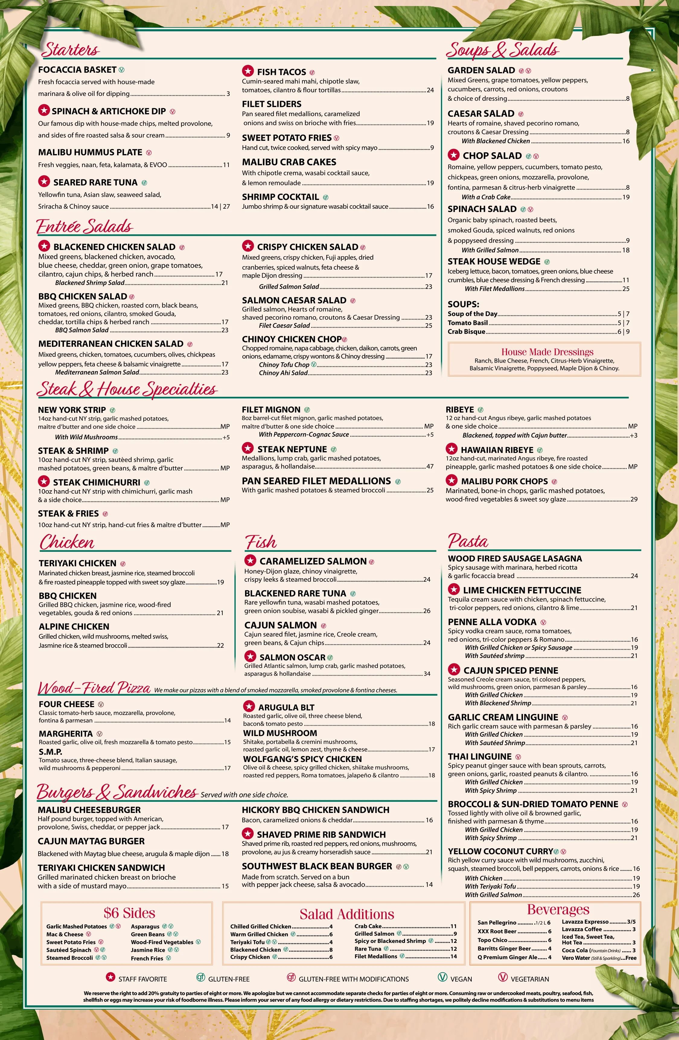 Diverse restaurant menu featuring global cuisines and specialties