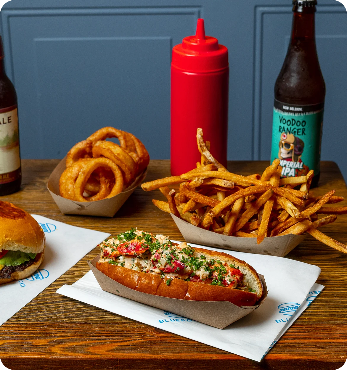 Interior view of Blue Road Burger with a cozy neighborhood vibe