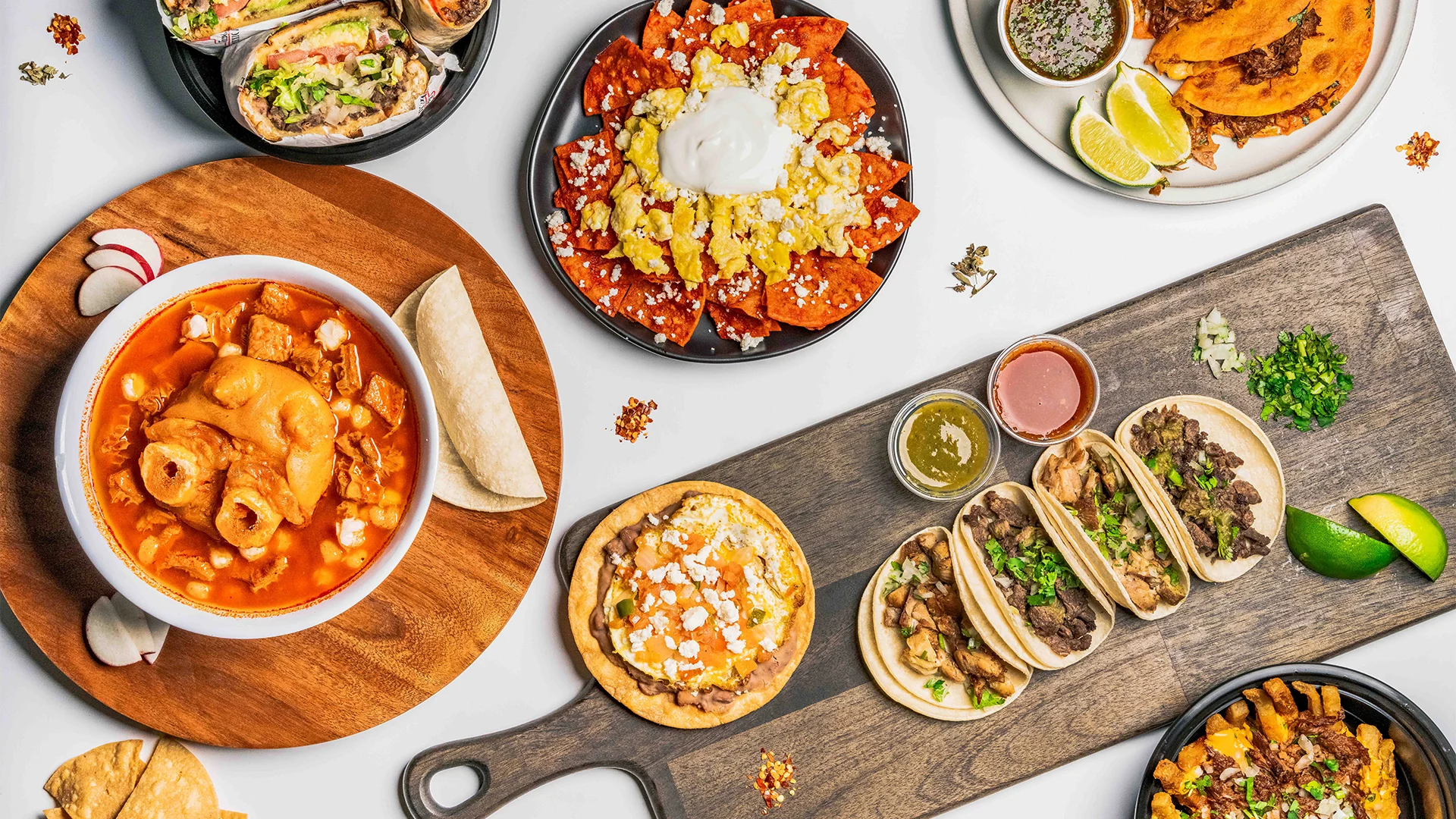 Authentic Mexican pozole with tacos and nachos