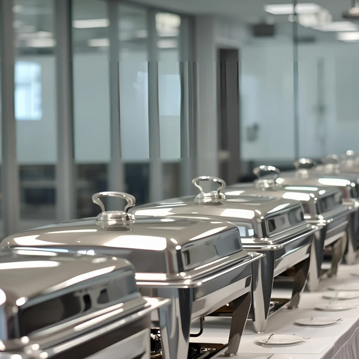 Buffet setup with stainless steel chafing dishes