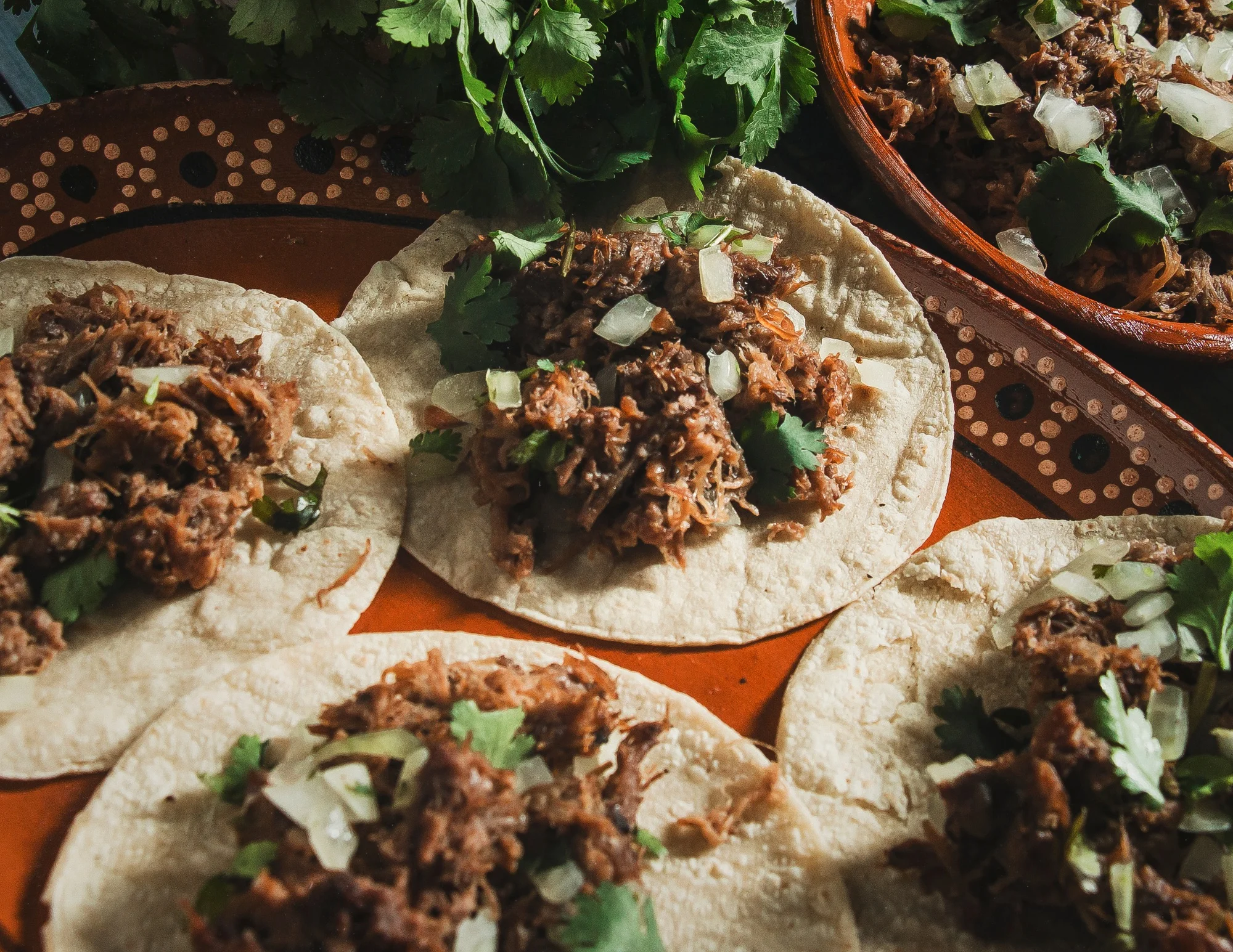 Authentic Mexican tacos with shredded beef and fresh cilantro