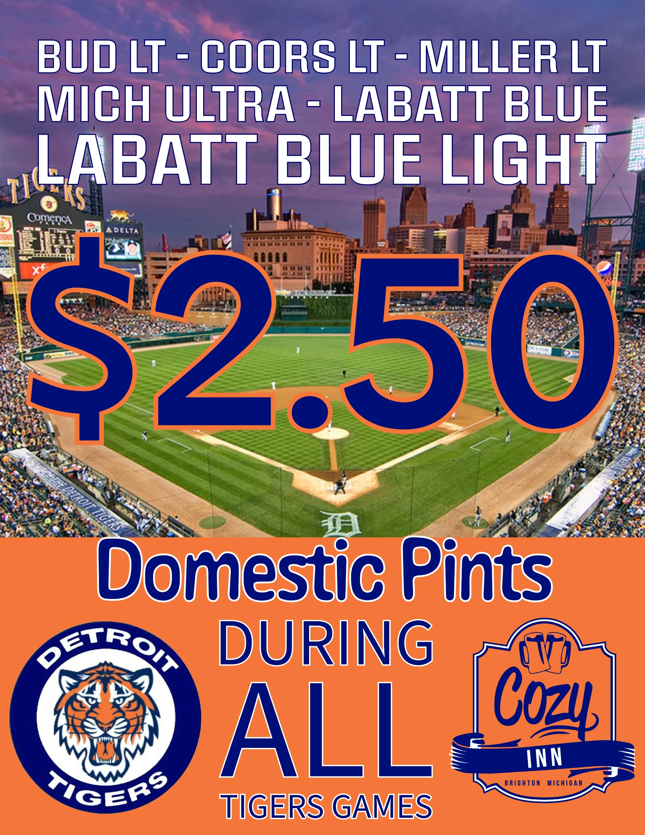 Promotional image for $2.50 domestic pints during Tigers games