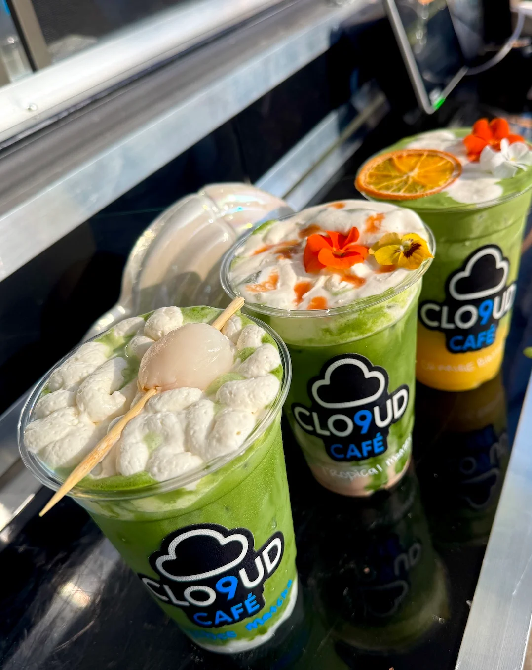 Colorful matcha drinks at Cloud 9 Café