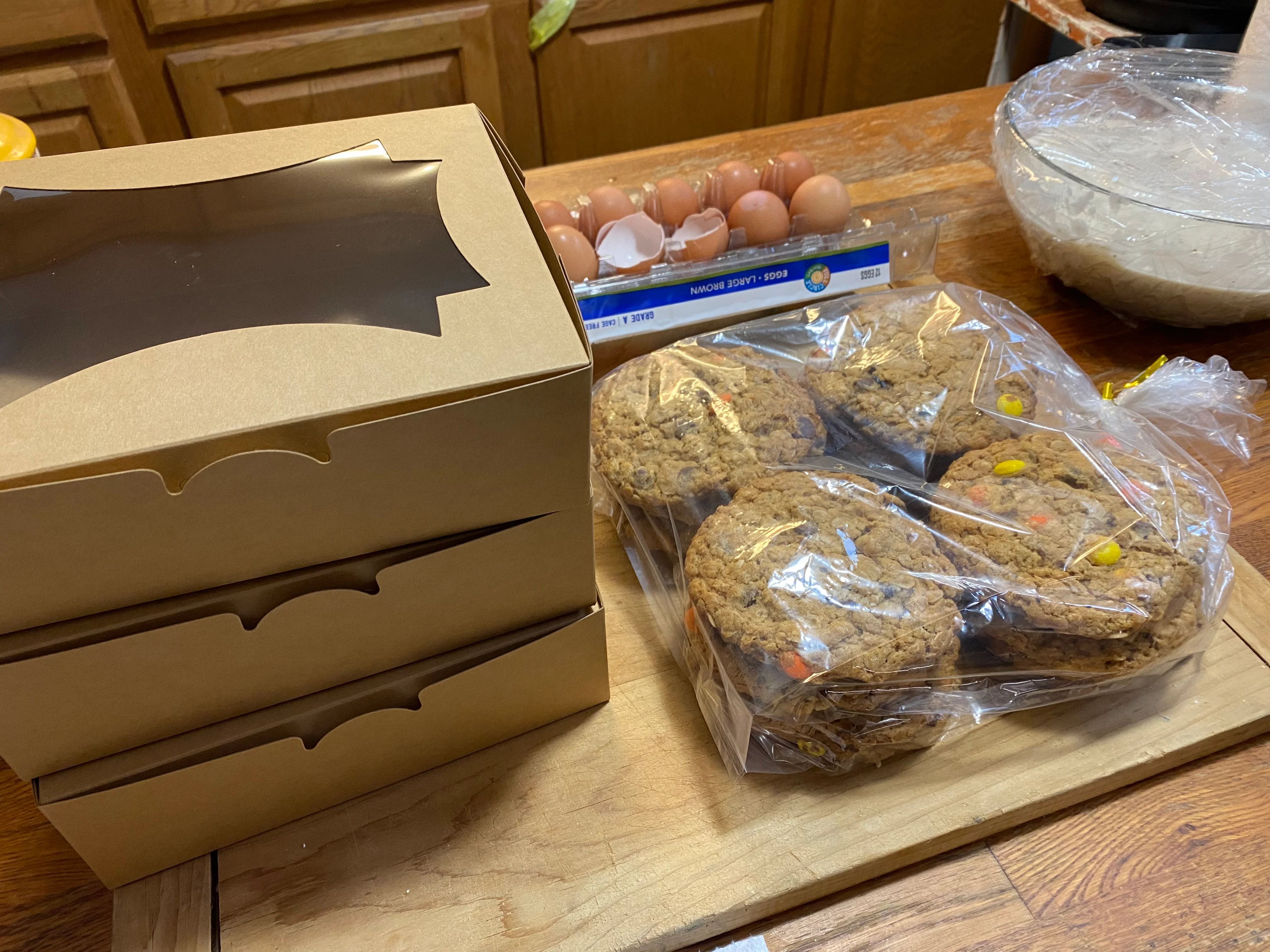 Freshly baked oatmeal cookies in a clear bag