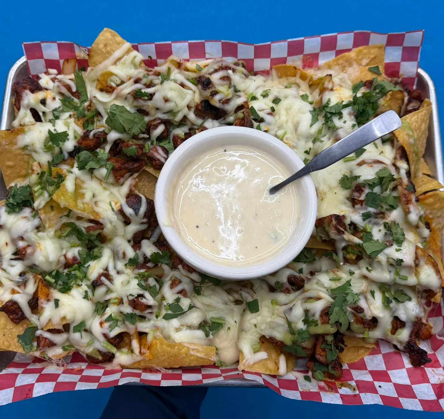 Loaded nachos topped with cheese and cilantro
