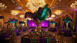Elegant banquet hall decorated for a festive celebration with vibrant colors.