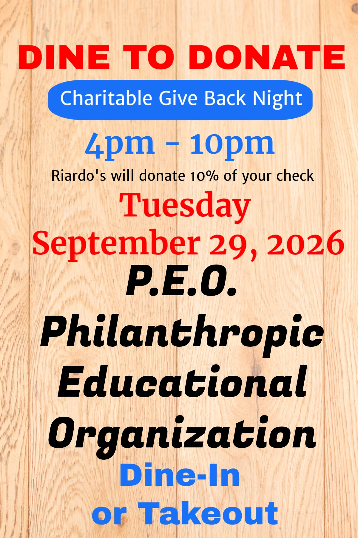 Charitable event flyer for Riardo's Dine to Donate night