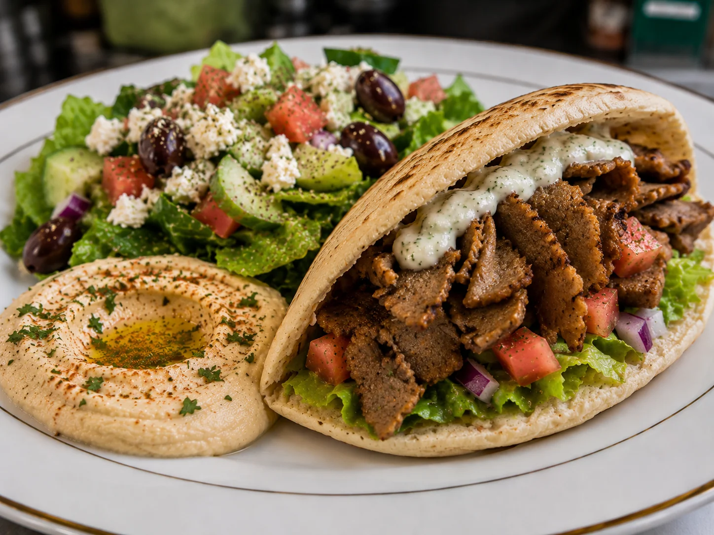 A pita stuffed with sliced meat, garnished with lettuce, tomatoes, and drizzled with a sauce, accompanied by a side of hummus and a fresh salad.