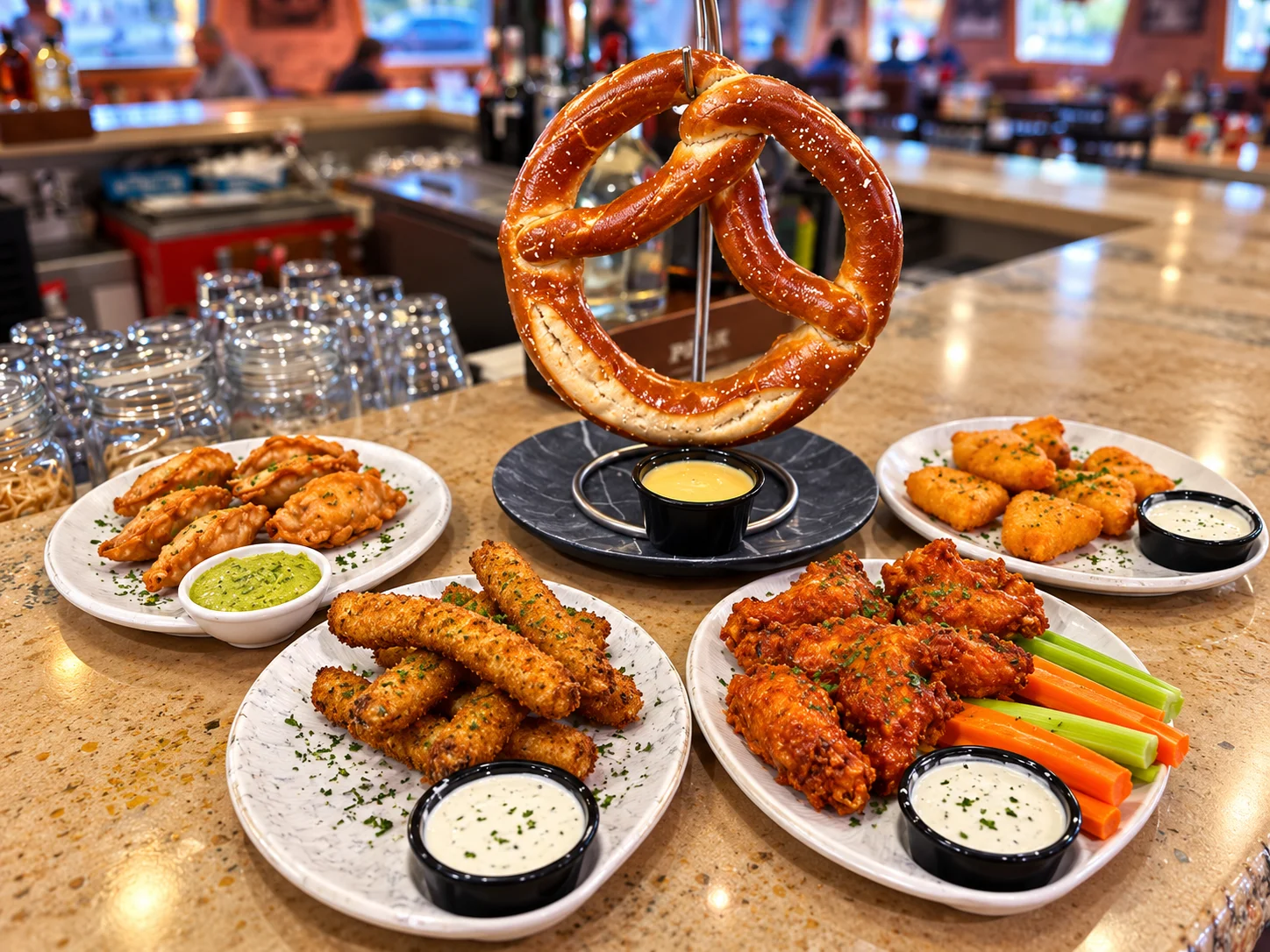 Assorted appetizers including pretzel, wings, and empanadas in a vibrant restaurant setting