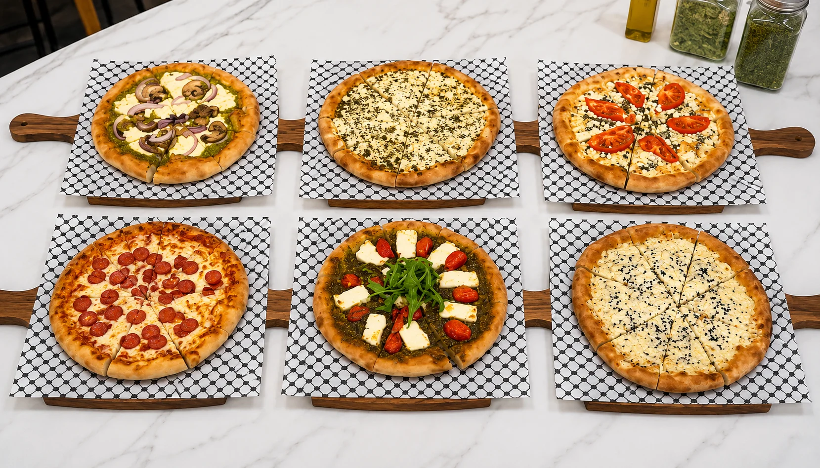 Assorted gourmet pizzas on wooden serving boards