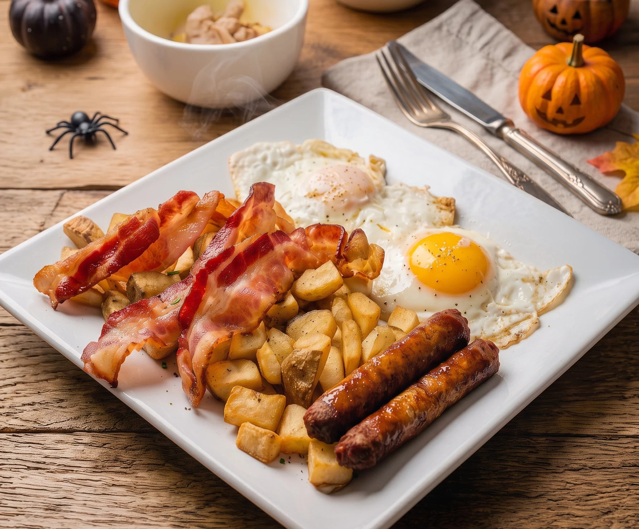 A platter featuring a mix of savory items, including slices of sausage, crispy fried pieces, and round cornmeal cakes, accompanied by dipping sauces.