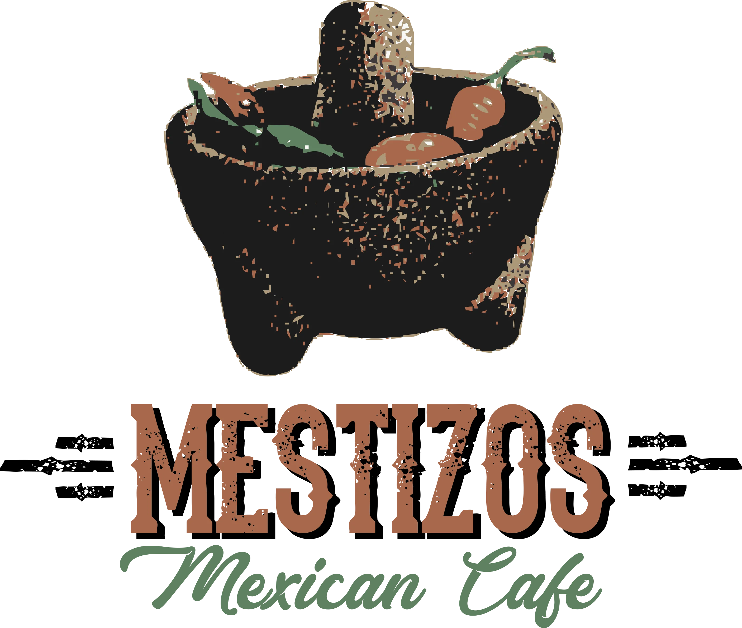 A logo featuring a traditional stone mortar and pestle, with peppers inside. The words 'Mestizos Mexican Cafe' are displayed in a stylized font.