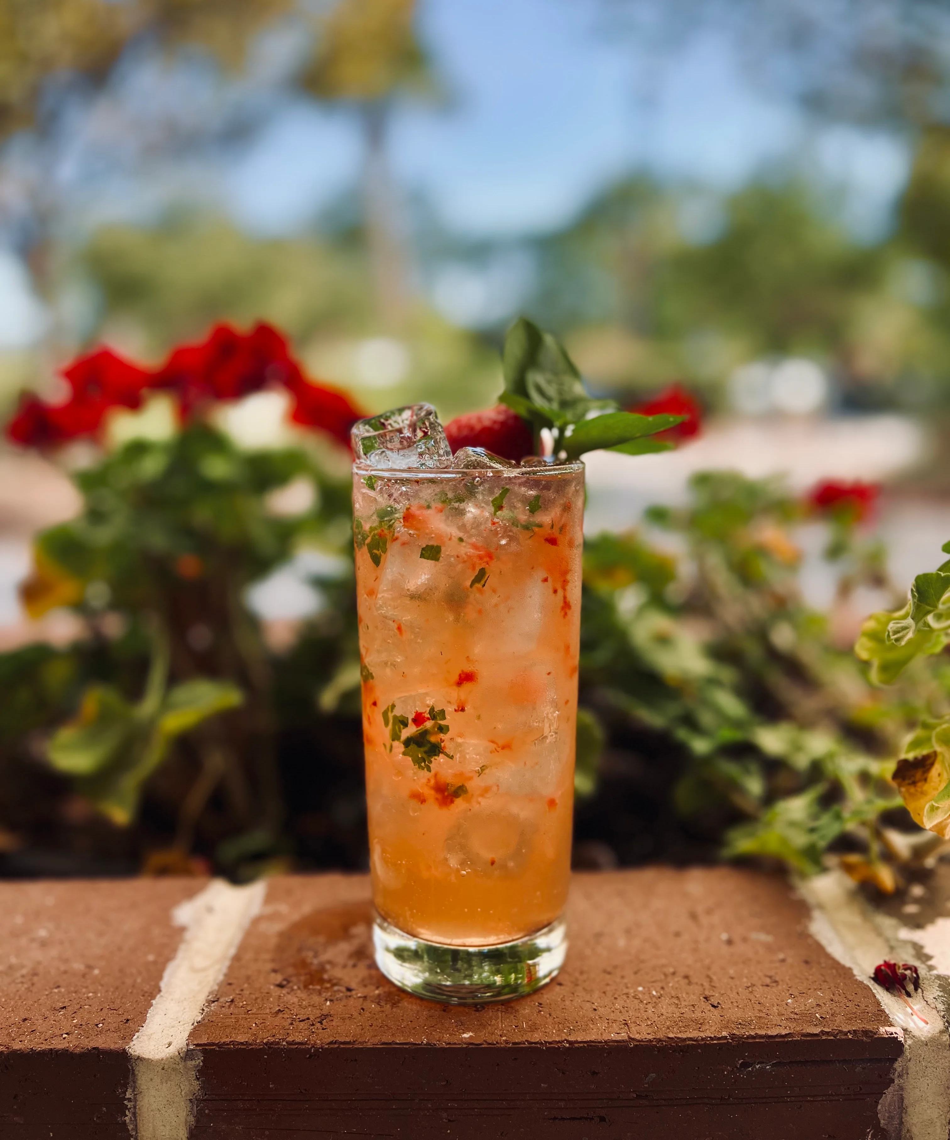 Refreshing cocktail with herbs and ice in a garden setting