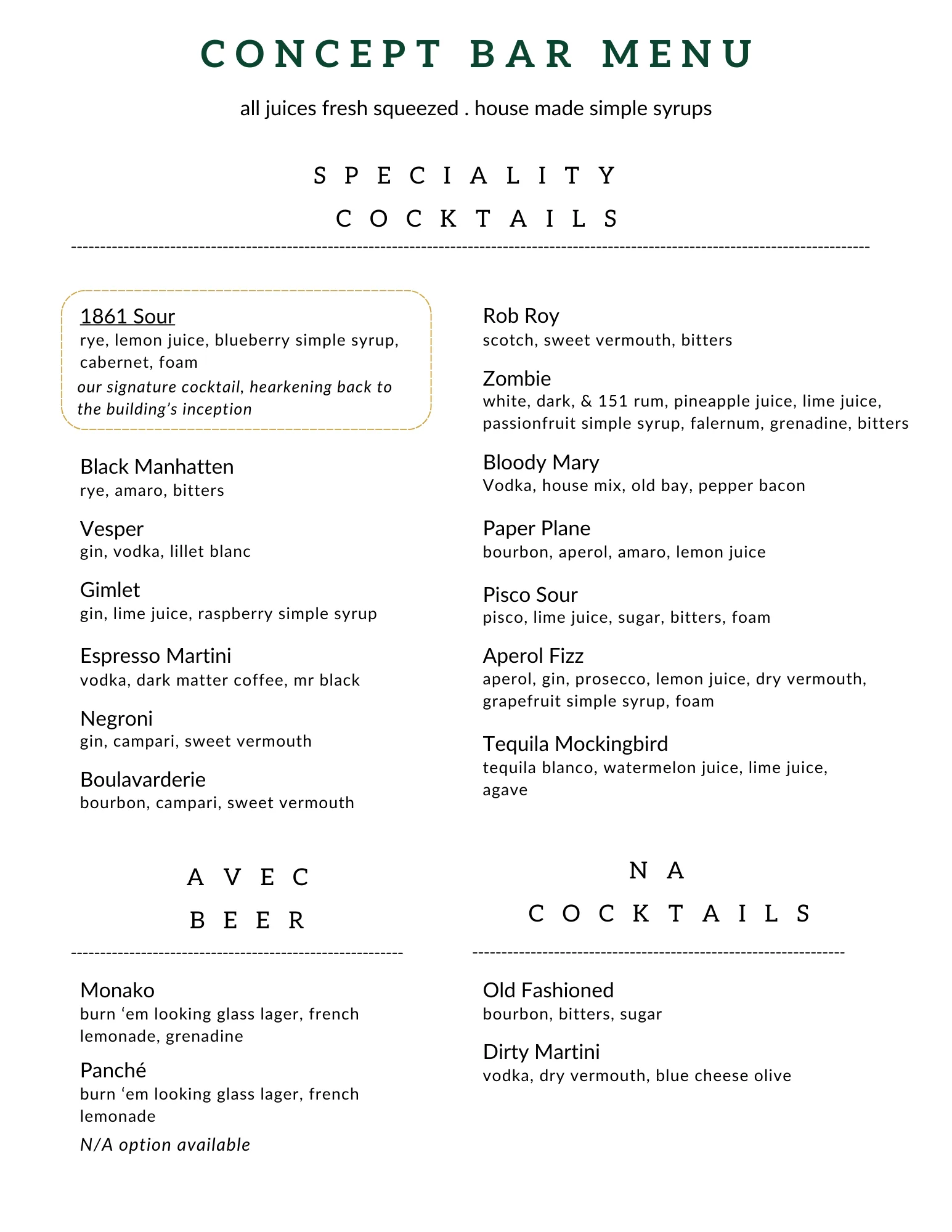 Cocktail menu featuring specialty drinks at a modern bar