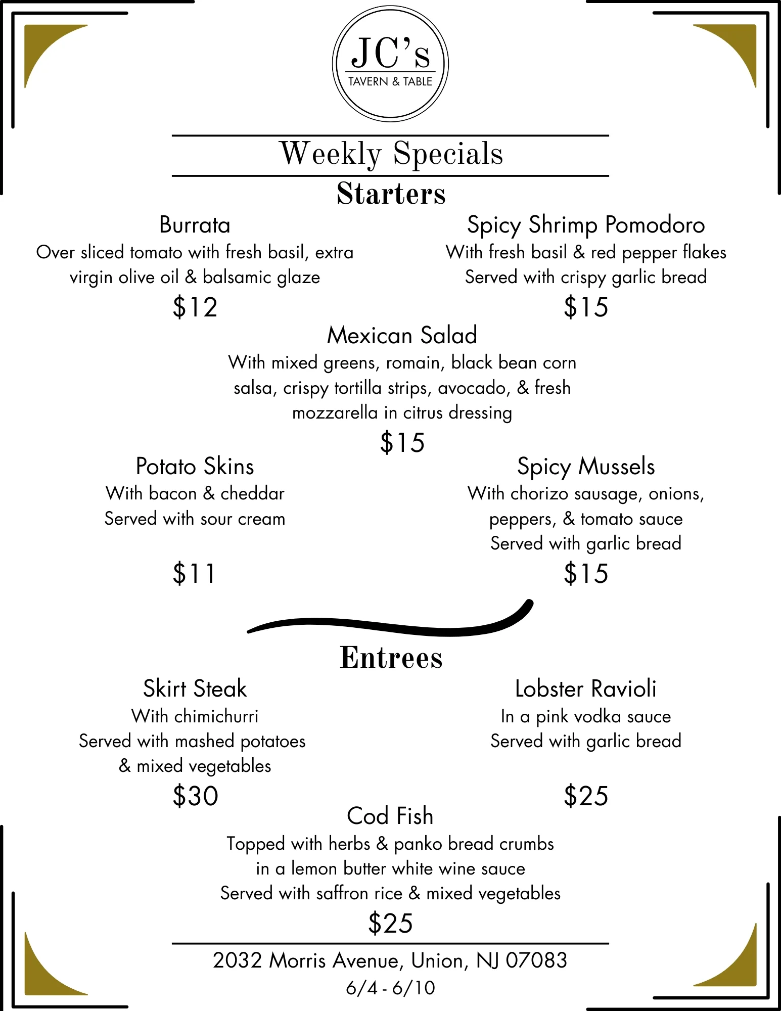 Weekly specials menu featuring delicious food items and promotions.