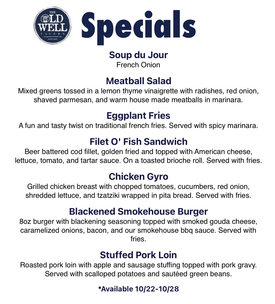 Specials menu featuring diverse American comfort food dishes