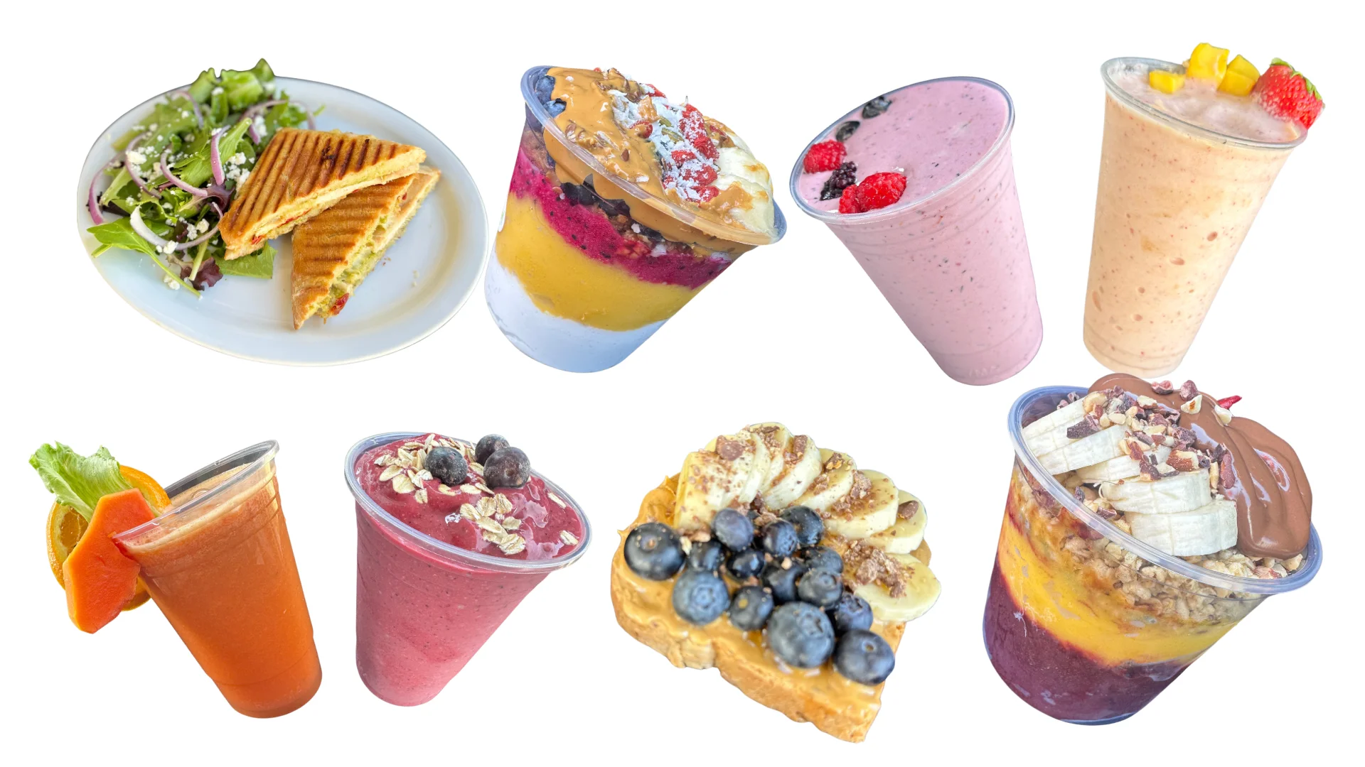 Colorful smoothie bowls and panini in a vibrant café setting