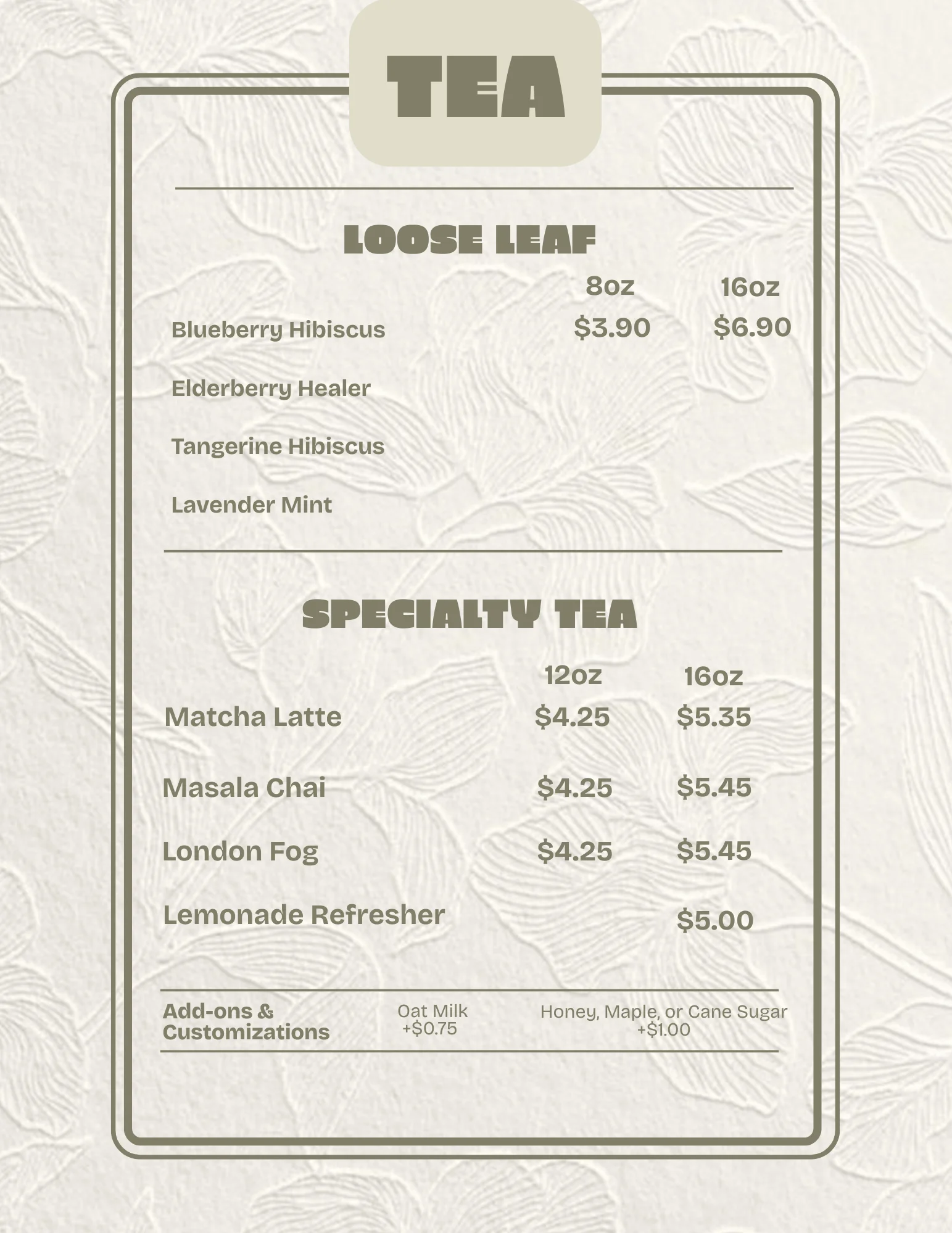 Menu showcasing a variety of delicious dishes and beverages.