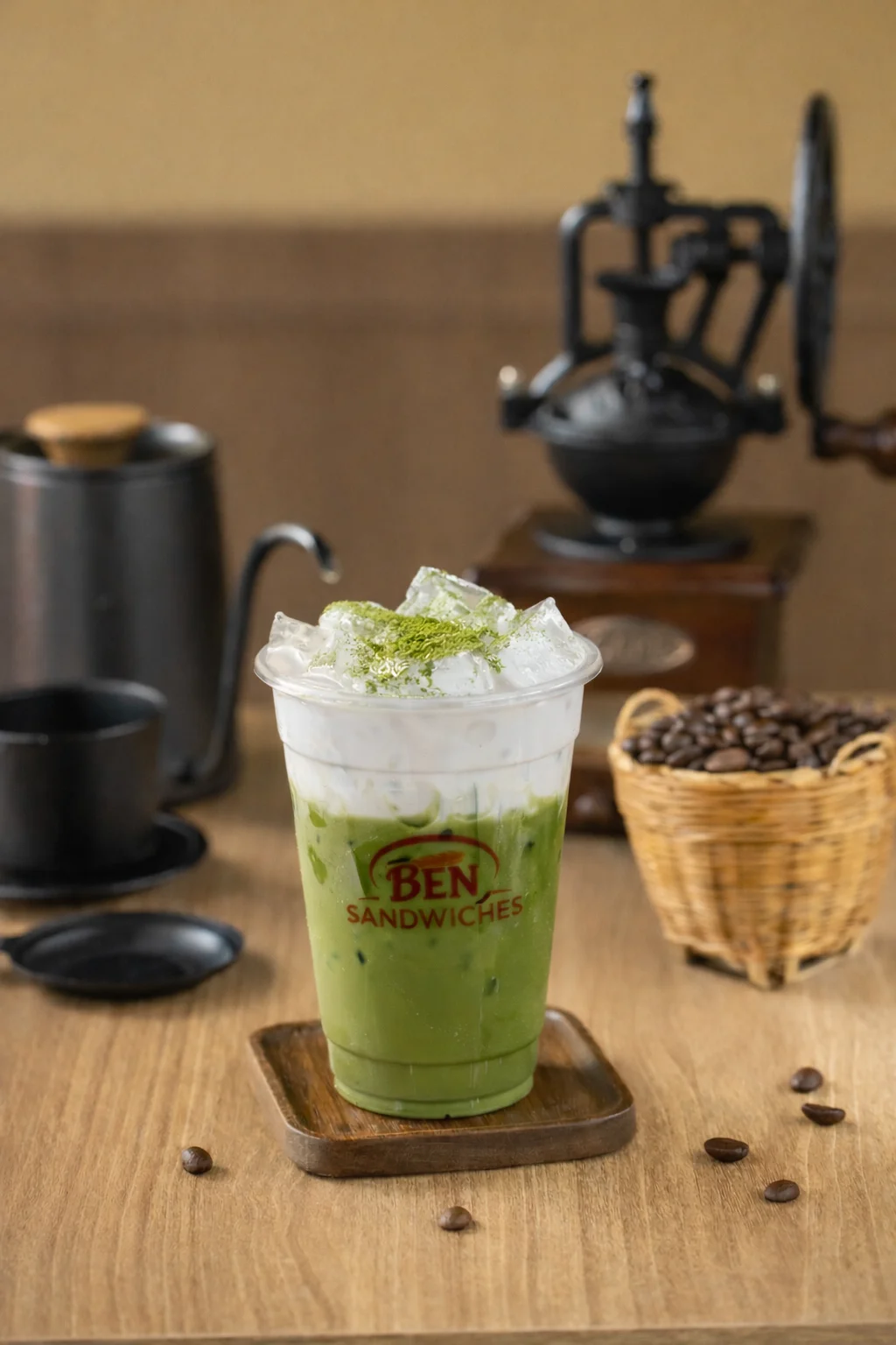 A cup of matcha drink topped with ice, served in a clear plastic cup with a wooden tray.