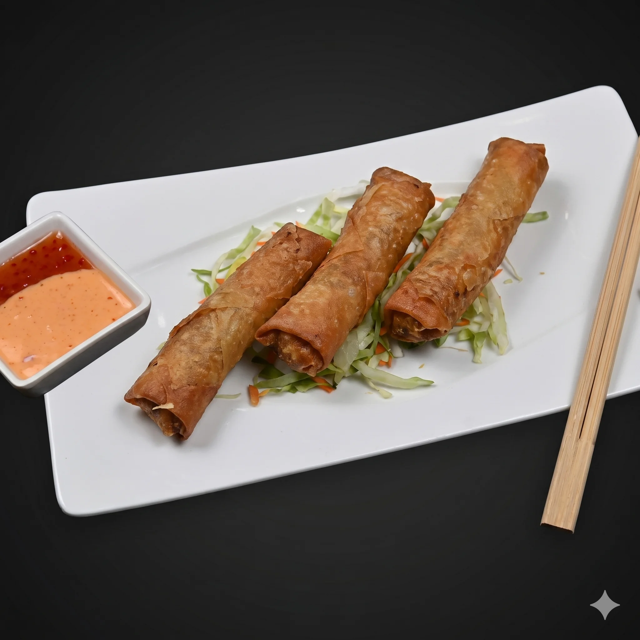 Three crispy spring rolls served with dipping sauce on a white plate.