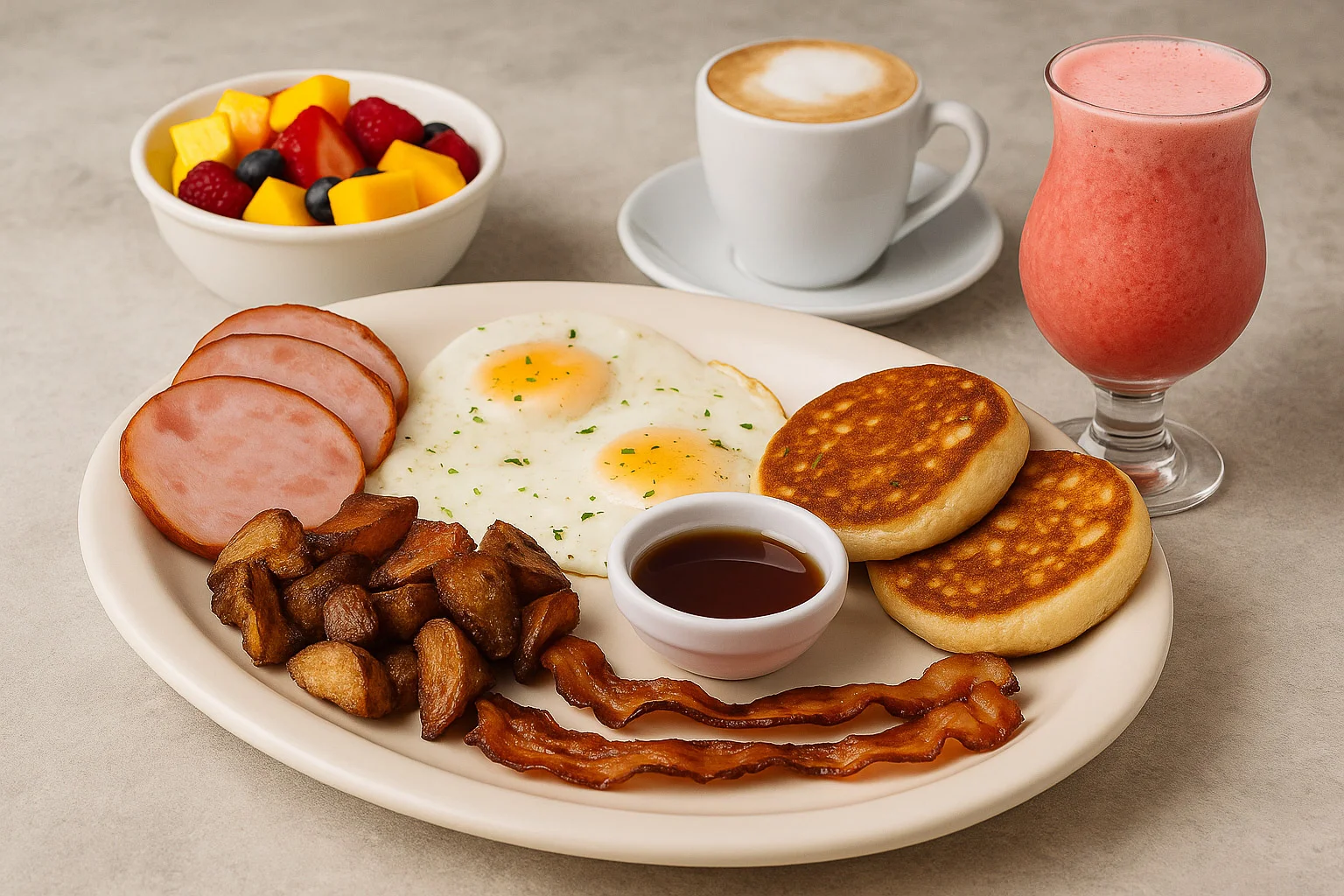 Classic American breakfast platter with eggs, bacon, and pancakes