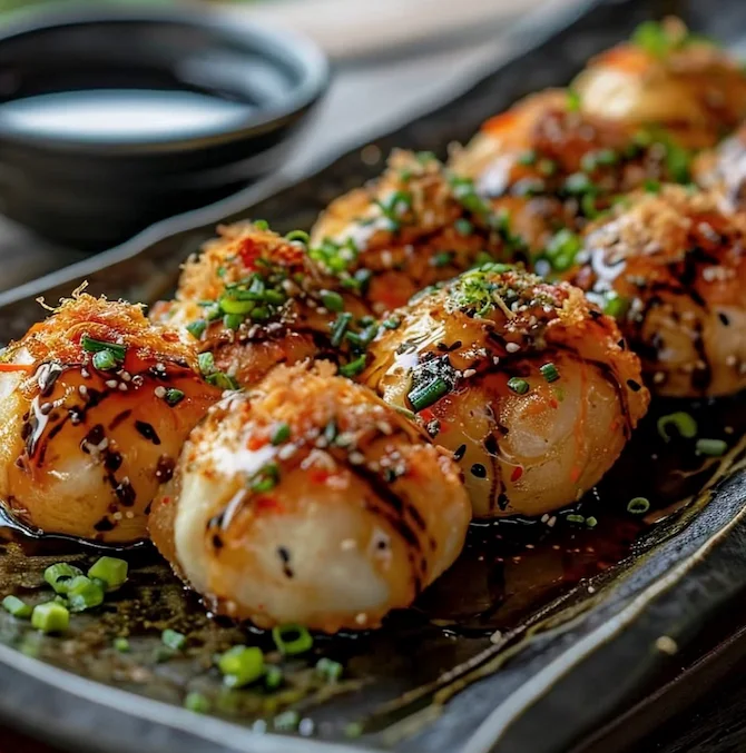 Japanese takoyaki drizzled with sauce and garnished with green onions