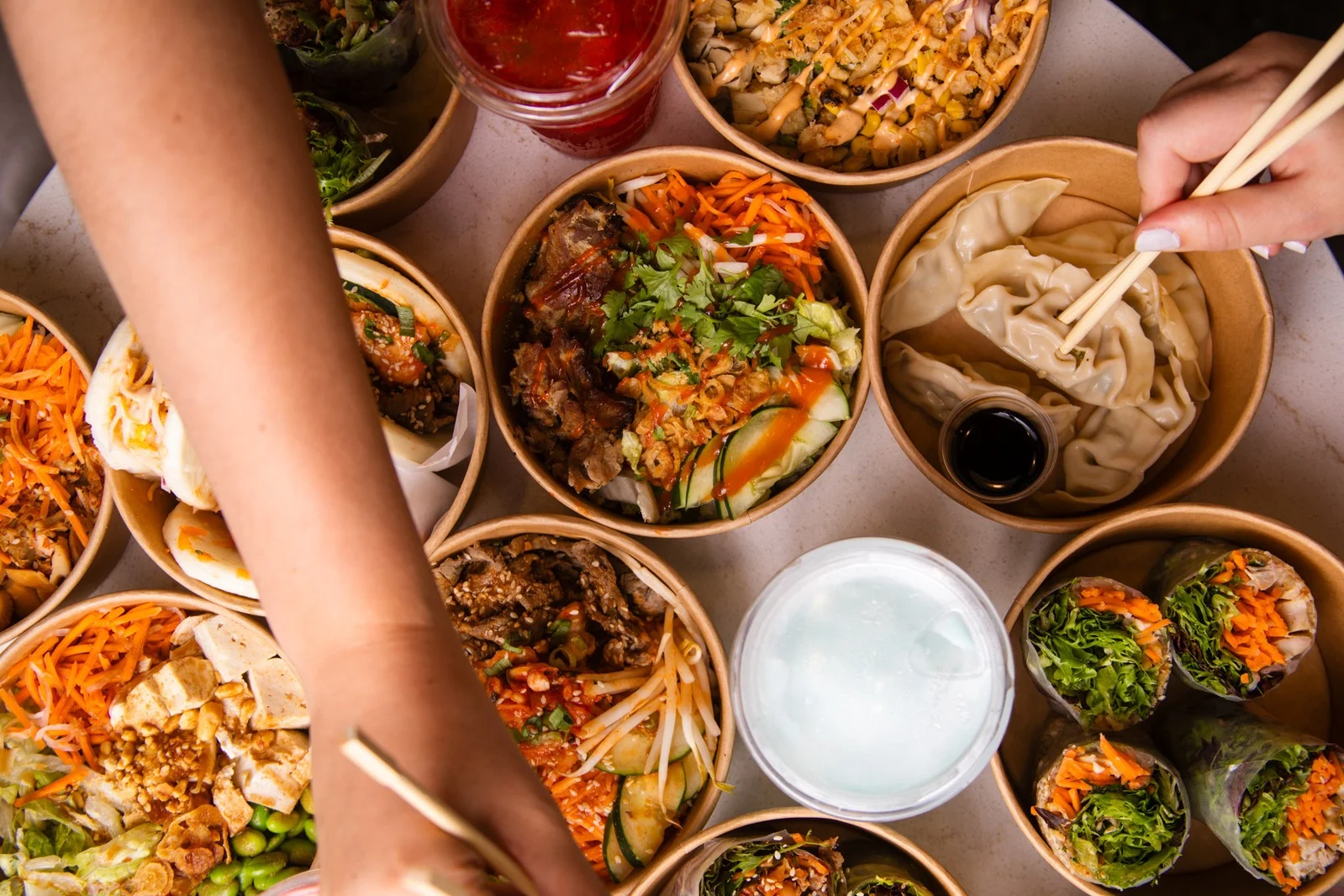 Assorted Vietnamese rice bowls and dumplings with fresh herbs