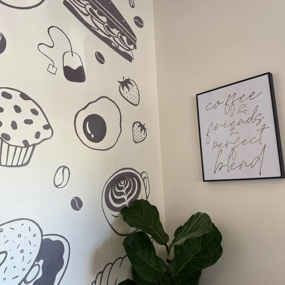 Cozy café wall art featuring coffee and pastries