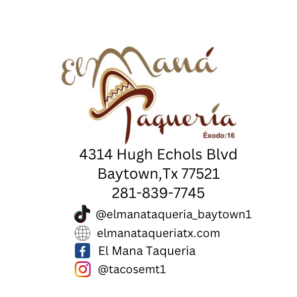 El Mana Taqueria logo and contact information in Baytown, Texas