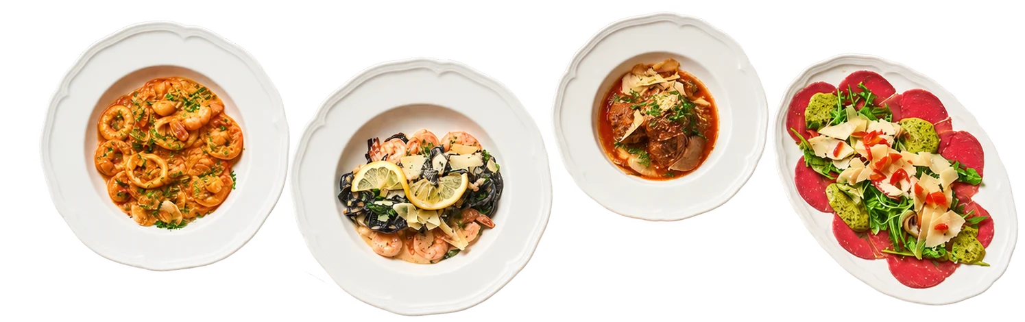Italian seafood pasta dishes elegantly plated in white bowls