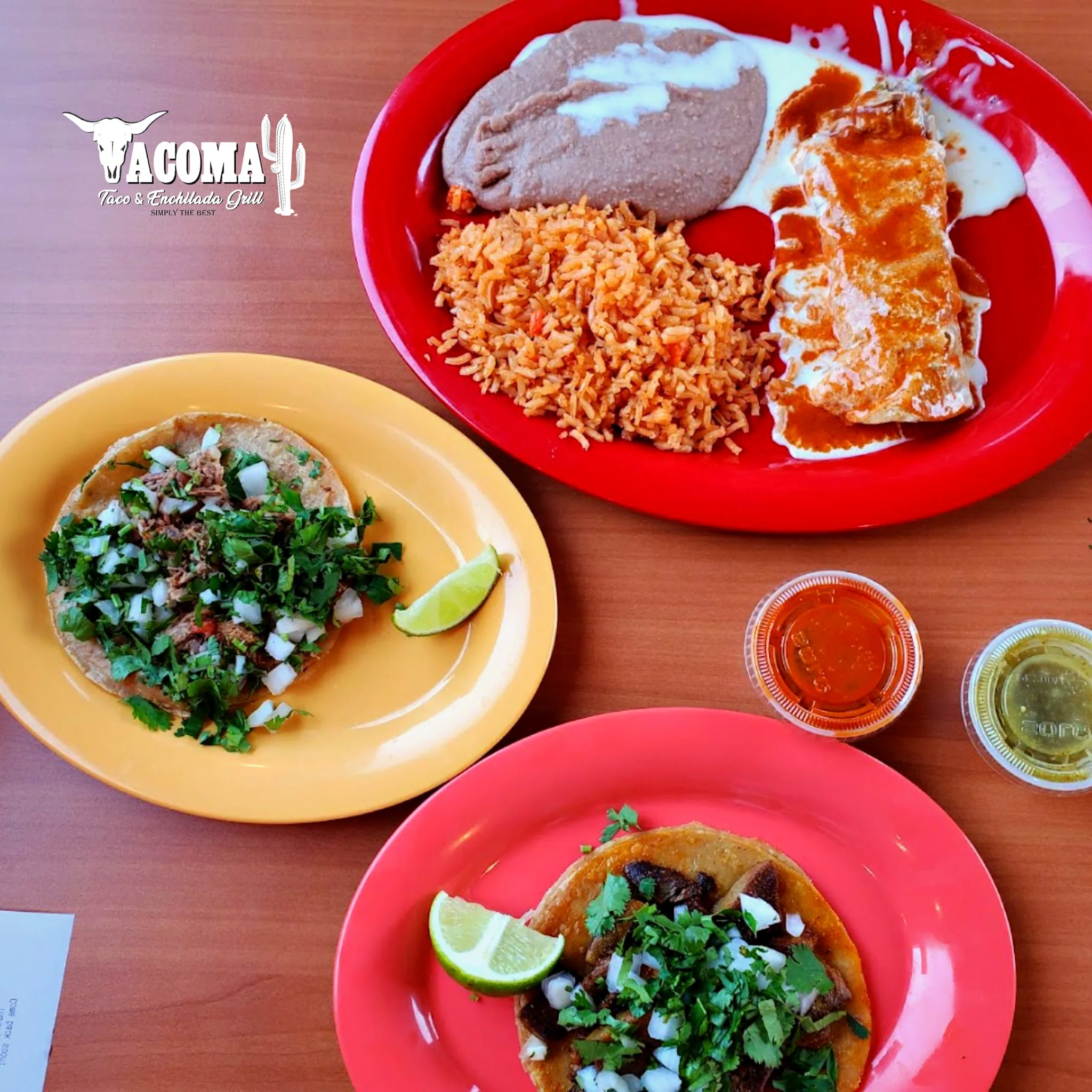 Authentic Mexican tacos with rice and enchiladas