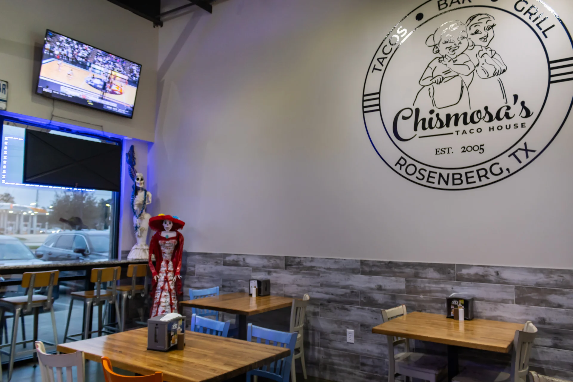 Cozy taco restaurant interior with colorful decor