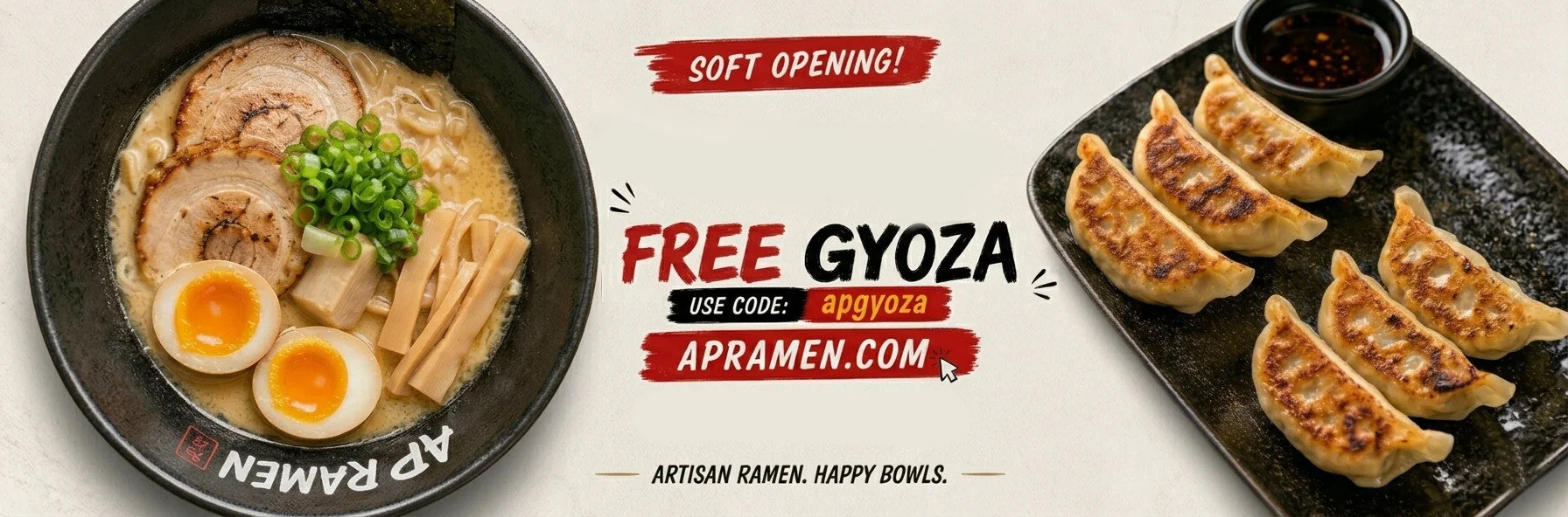 Delicious ramen bowl with gyoza, promotional offer for free gyoza.