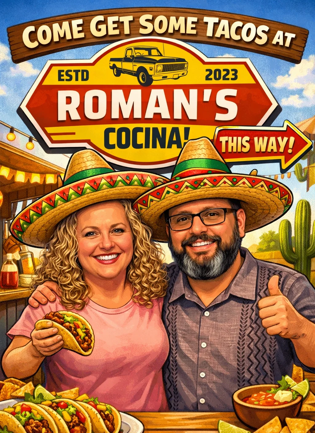 A vibrant illustration featuring two people wearing sombreros, showcasing tacos and a bowl of salsa on a wooden table, with a rustic Mexican restaurant background.