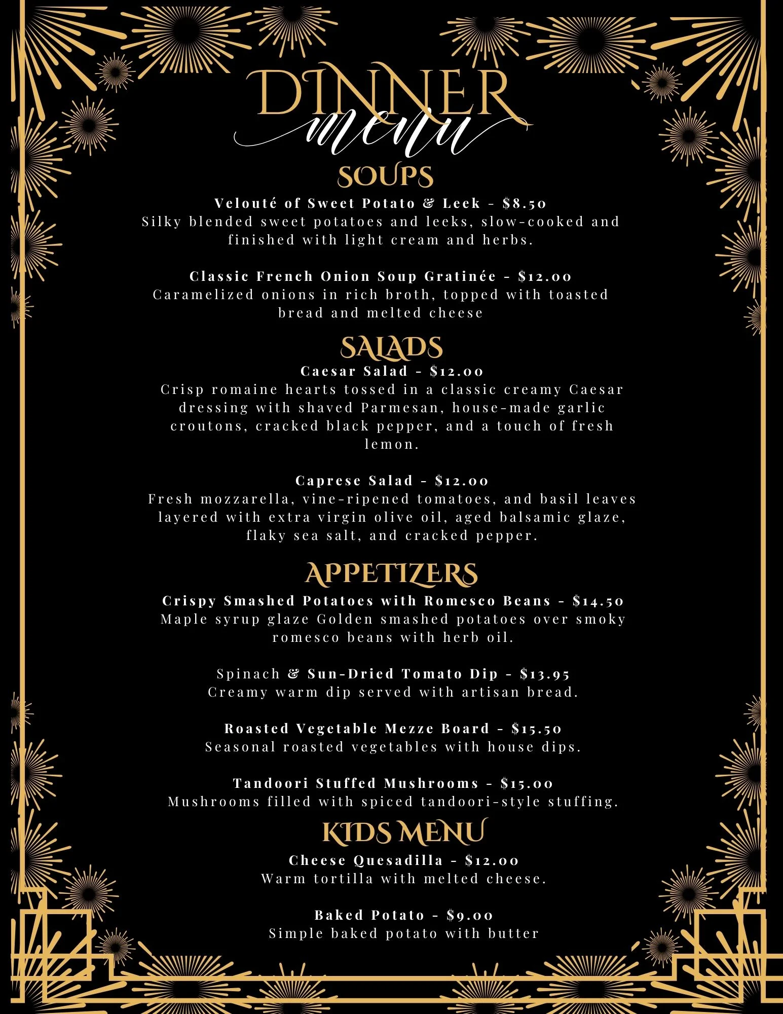 Elegant restaurant dinner menu with soups, salads, appetizers, and kids dishes