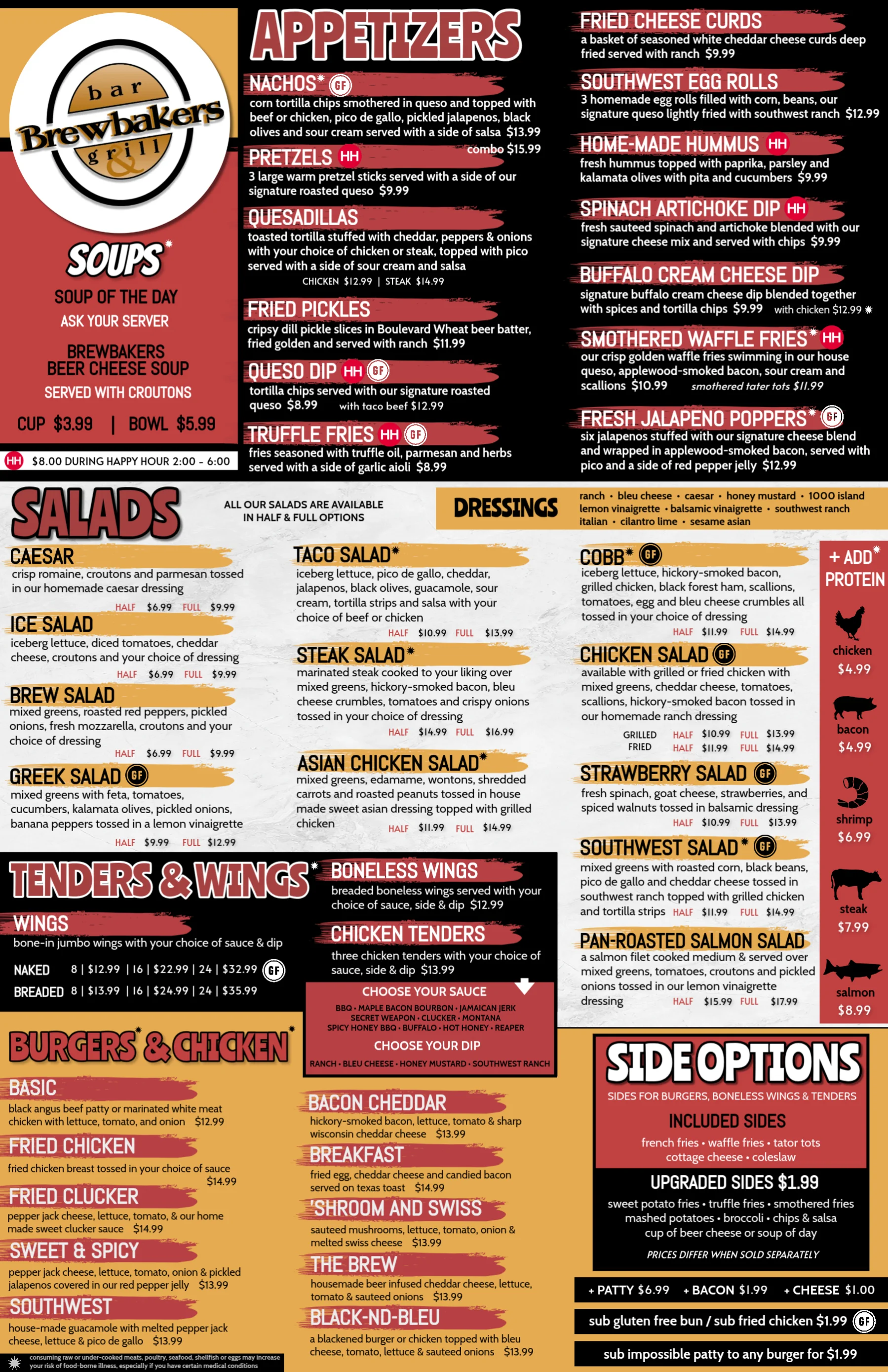 Appetizer menu from Brewbakers Grill featuring various dishes