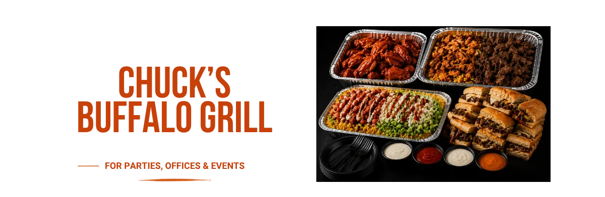Catering spread of Buffalo wings and cheesesteaks for events