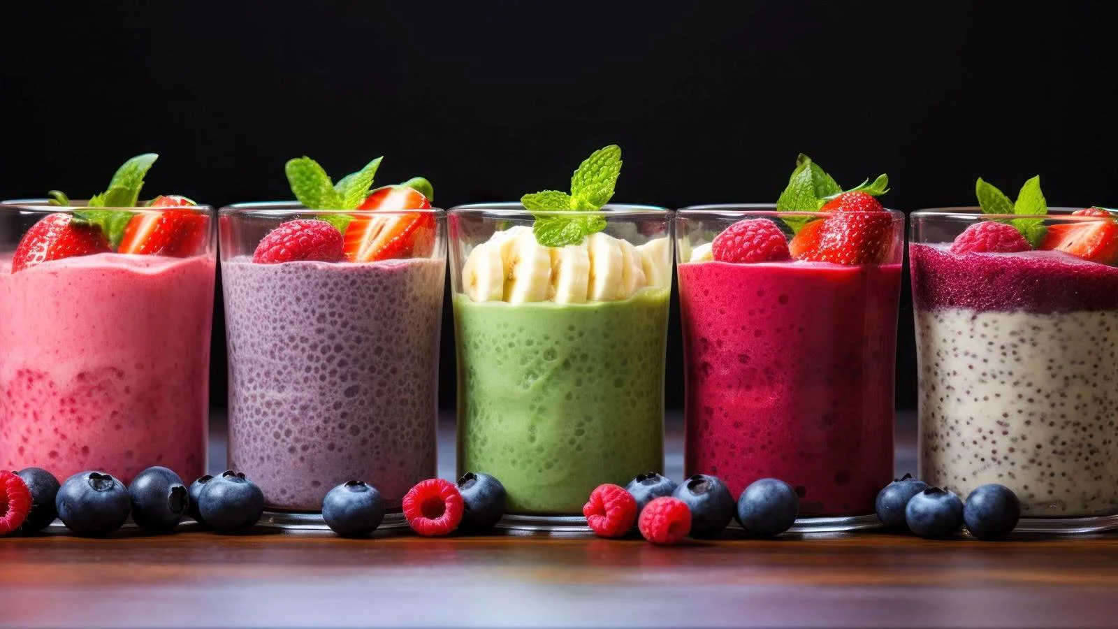 Colorful smoothie selection in glass cups with fresh fruit garnishes