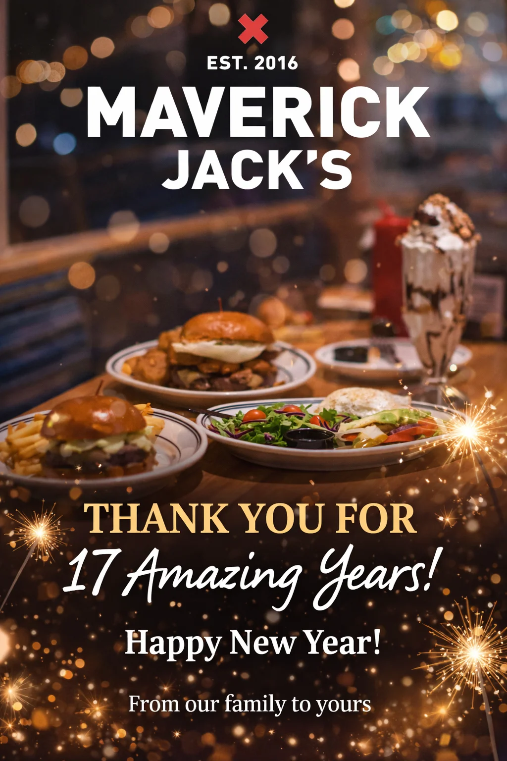 A festive display of food featuring burgers, fries, and a dessert, celebrating a restaurant's 17th anniversary and New Year.
