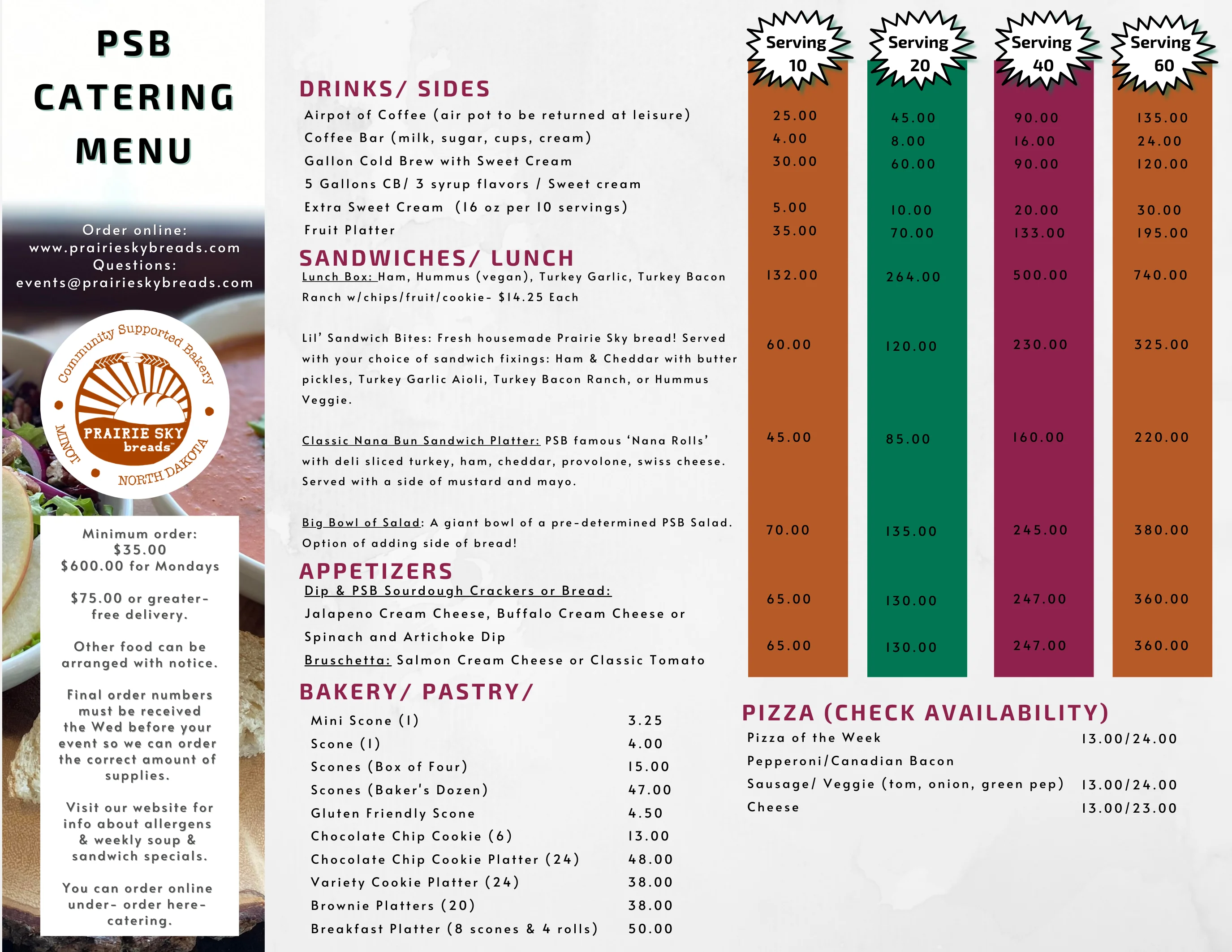Catering menu from Prairie Sky Breads featuring sandwiches and pastries