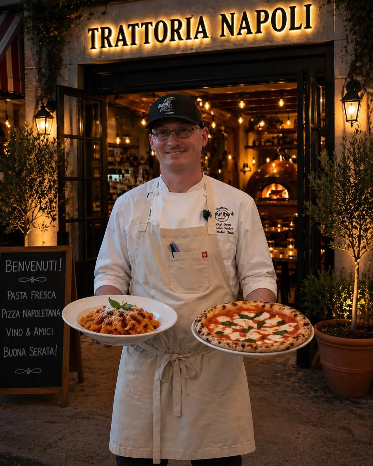 Chef presenting pasta and Margherita pizza at Trattoria Napoli