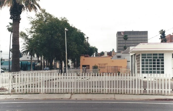 Urban landscape with palm trees and a white picket fence