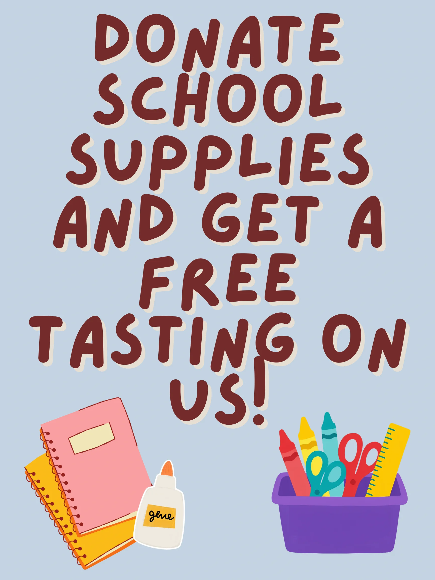 Promotional graphic for school supply donation event