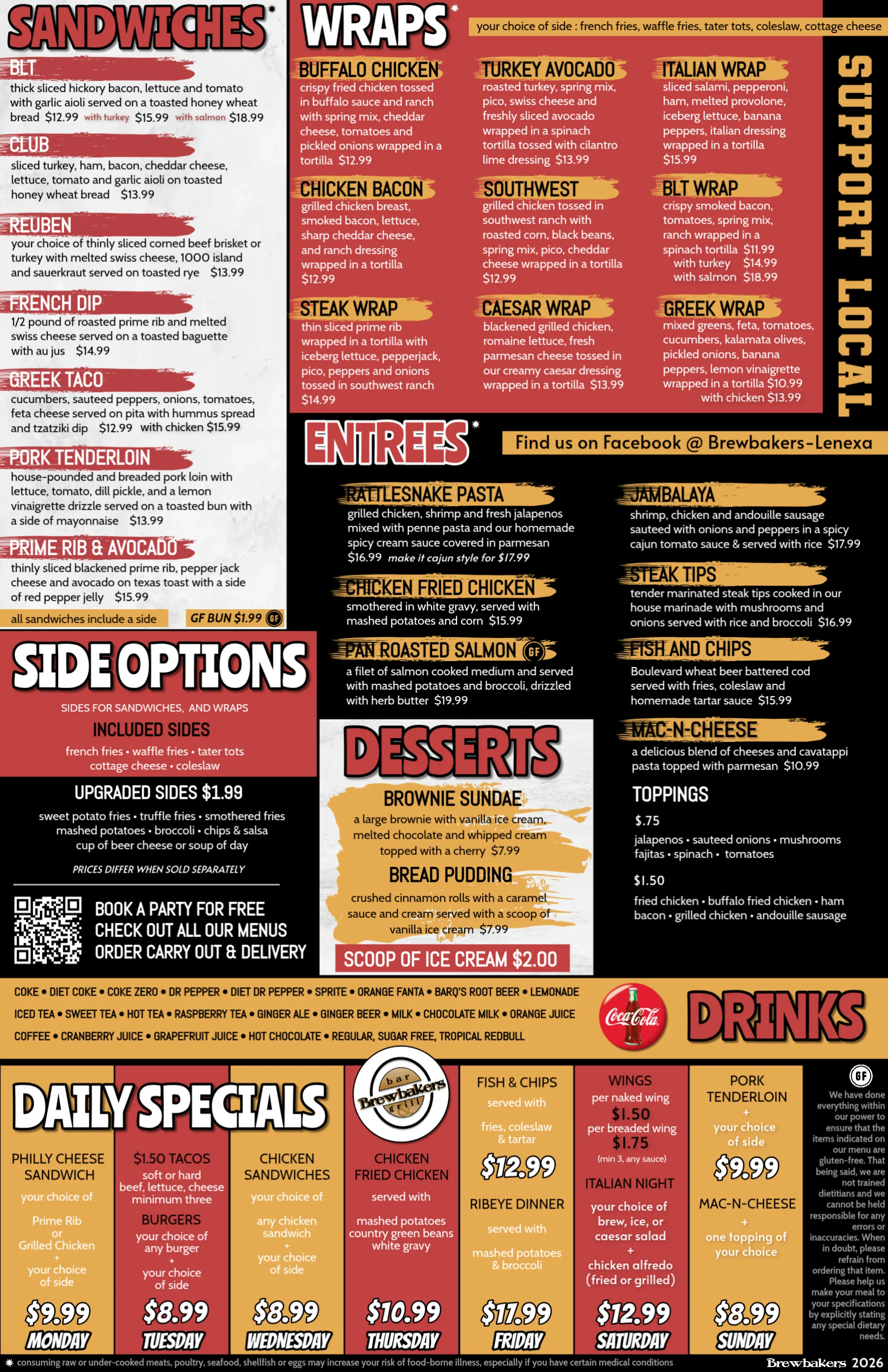 Diverse menu of American comfort food at a casual restaurant