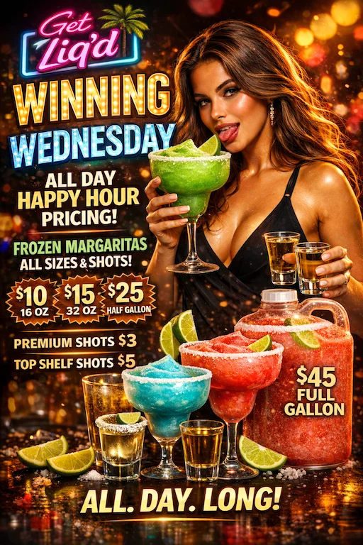 Colorful frozen margaritas at a lively bar for Winning Wednesday