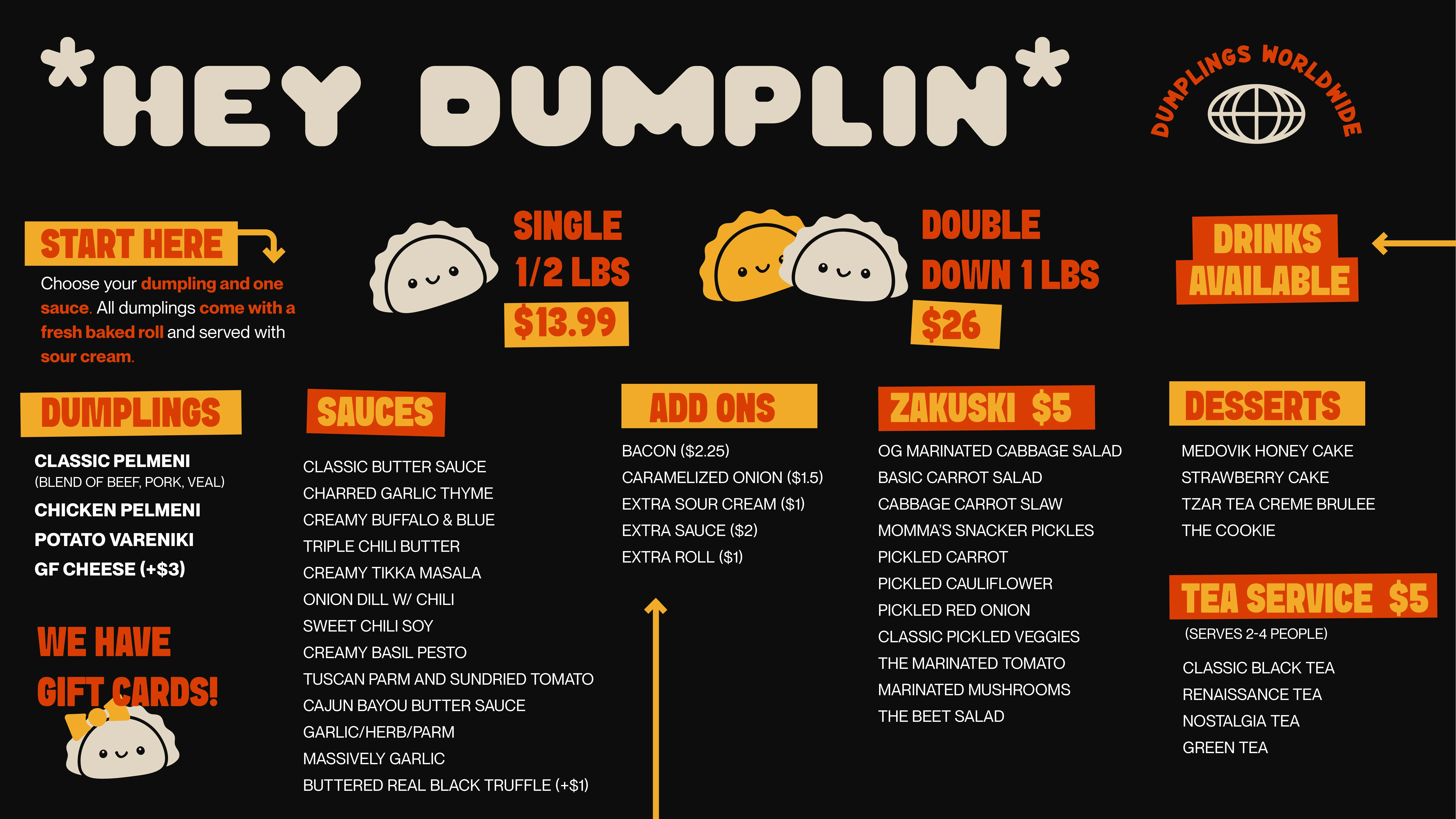 Menu featuring various dumplings and sauces from Eastern European cuisine