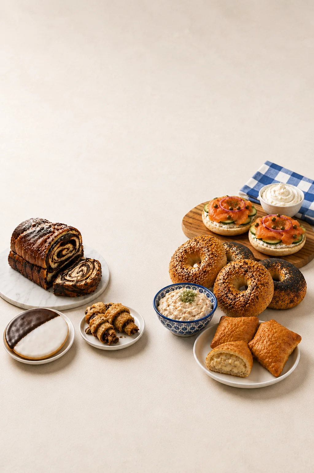 Yom Kippur break-fast spread with New York bagels, schmear, whitefish salad, challah, lox and rugelach from nosh NY bagels